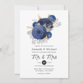 Invitation Mariage floral bleu marine, or et argent (Devant)