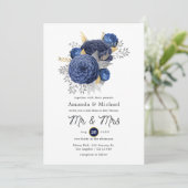 Invitation Mariage floral bleu marine, or et argent (Debout devant)