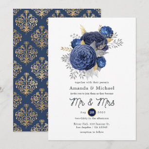 Invitation Mariage floral bleu marine, or et argent