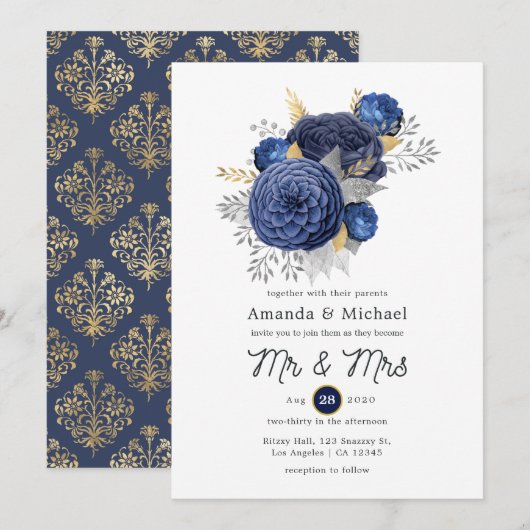 Invitation Mariage floral bleu marine, or et argent (Devant / Derrière)