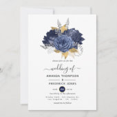 Invitation Mariage floral bleu marine, or et argent (Devant)