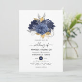 Invitation Mariage floral bleu marine, or et argent (Debout devant)