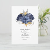 Invitation Mariage floral bleu marine, or et argent (Debout devant)