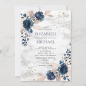 Invitation Mariage floral bleu marine PInk marbre rose (Devant)