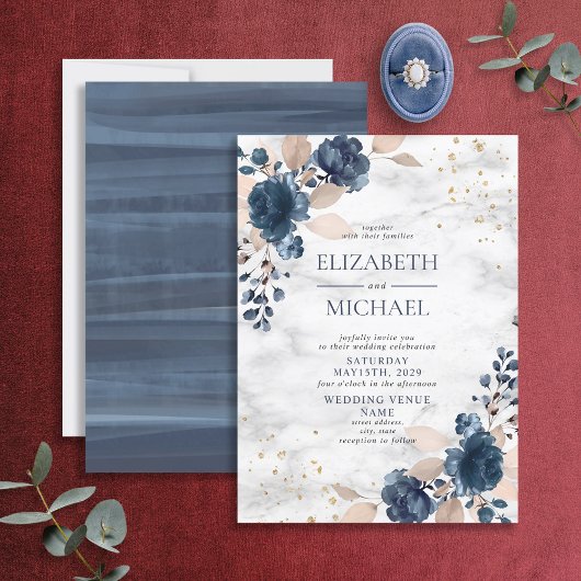 Invitation Mariage floral bleu marine PInk marbre rose