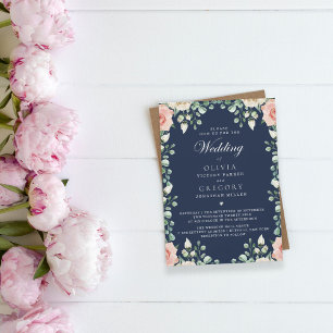 Invitation Mariage floral bleu marine rose pâle