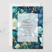Invitation Mariage floral bleu marine, vert émeraude et argen (Devant)