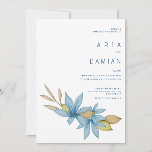 Invitation Mariage floral bleu marron clair simple (Devant)