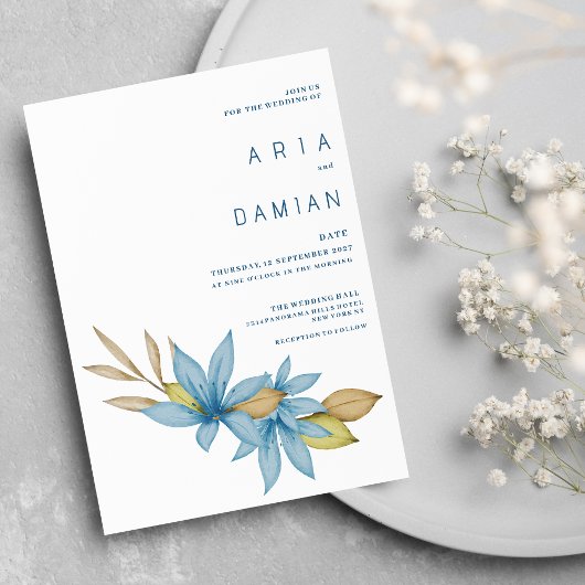 Invitation Mariage floral bleu marron clair simple