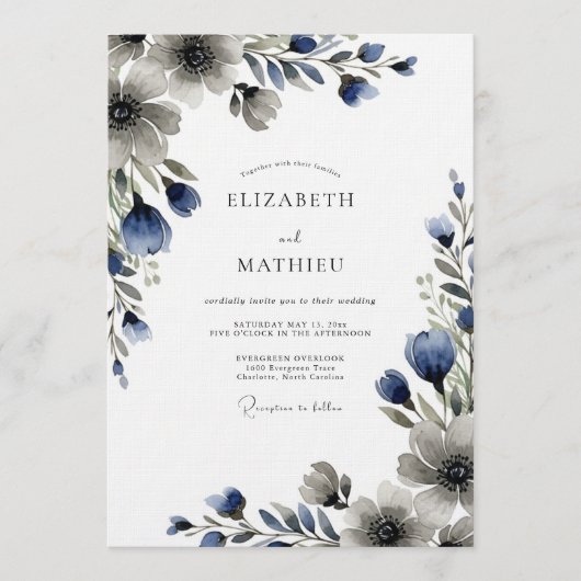 Invitation Mariage Floral Bleu Maussade (Devant)