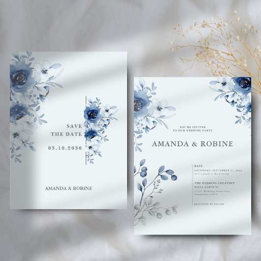 Invitation Mariage floral bleu minimal classique