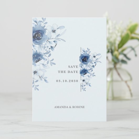 Invitation Mariage floral bleu minimal classique (Debout devant)