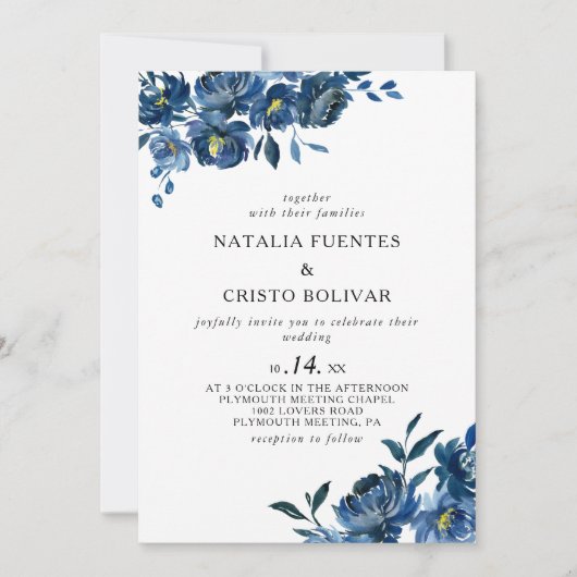 Invitation Mariage Floral bleu moderne (Devant)