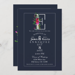 Invitation Mariage floral bleu moderne d'initiale de bout de