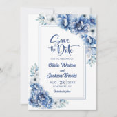 Invitation Mariage floral bleu moderne Enregistrer la date (Devant)
