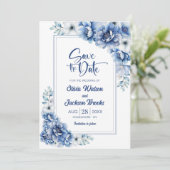 Invitation Mariage floral bleu moderne Enregistrer la date (Debout devant)