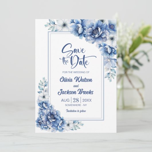 Invitation Mariage floral bleu moderne Enregistrer la date (Debout devant)