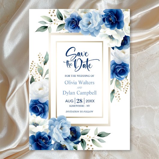Invitation Mariage floral bleu moderne Enregistrer la date
