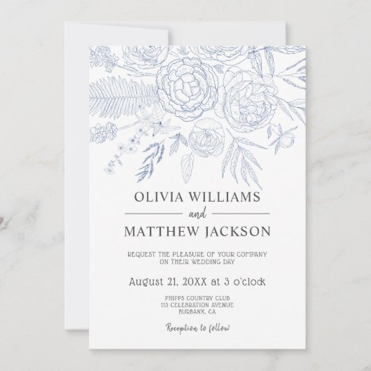 Invitation Mariage floral bleu moderne simple (Devant)