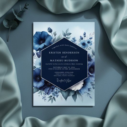 Invitation Mariage Floral Bleu Nuit