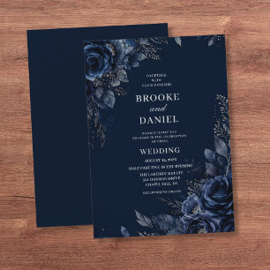 Invitation Mariage Floral Bleu Nuit Argenté Élégant