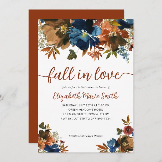 Invitation Mariage Floral Bleu Nuit Brun Tombez amoureux Show (Devant / Derrière)