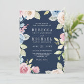 Invitation Mariage Floral Bleu Nuit Code QR Printemps Douille (Debout devant)