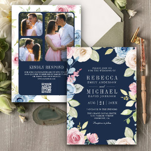 Invitation Mariage Floral Bleu Nuit Code QR Printemps Douille