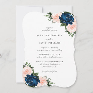 Invitation Mariage Floral Bleu Nuit Rose Aquarelle