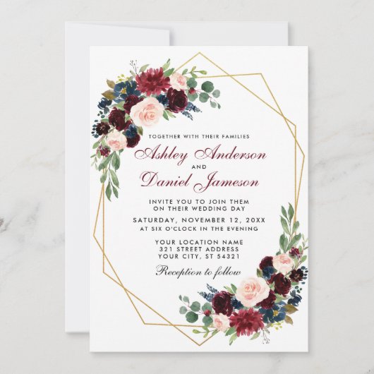 Invitation Mariage floral bleu or géométrique Bourgogne (Devant)