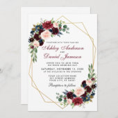 Invitation Mariage floral bleu or géométrique Bourgogne (Devant / Derrière)