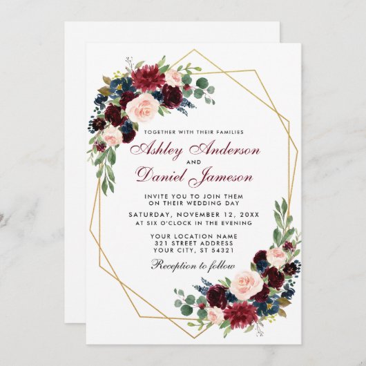 Invitation Mariage floral bleu or géométrique Bourgogne (Devant / Derrière)