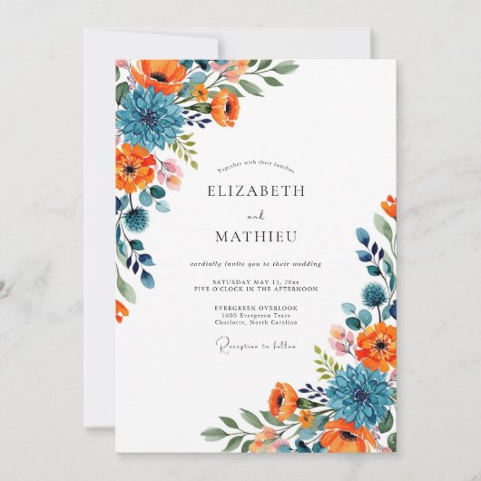 Invitation Mariage Floral Bleu Orange (Devant)