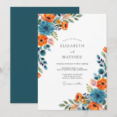 Invitation Mariage Floral Bleu Orange (Devant / Derrière)