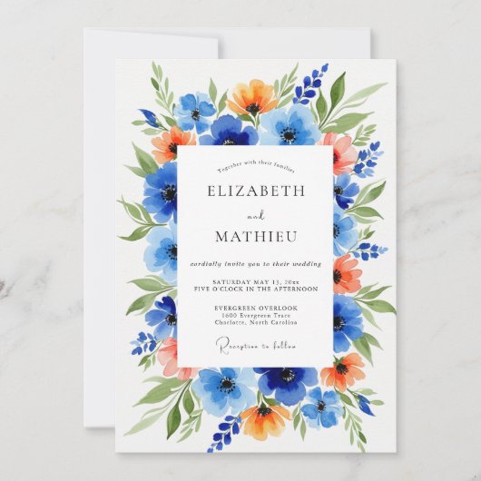 Invitation Mariage Floral Bleu Orange (Devant)
