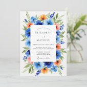 Invitation Mariage Floral Bleu Orange (Debout devant)