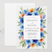 Invitation Mariage Floral Bleu Orange (Devant / Derrière)