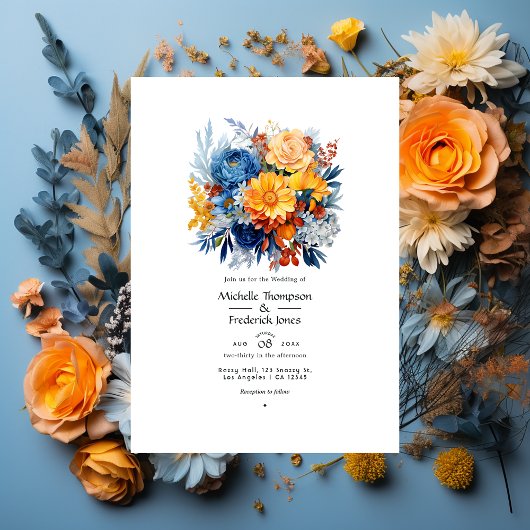 Invitation Mariage floral bleu, orange et jaune