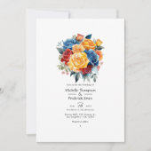 Invitation Mariage floral bleu, orange, jaune et rouge (Devant)