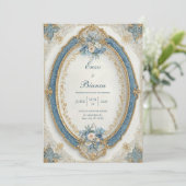 Invitation Mariage floral bleu ovale victorien (Debout devant)