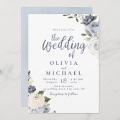 Invitation Mariage floral bleu pâle fleuri botanique (Devant / Derrière)