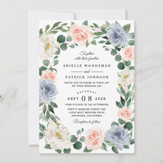 Invitation Mariage floral bleu pâle rose rose pâle (Devant)