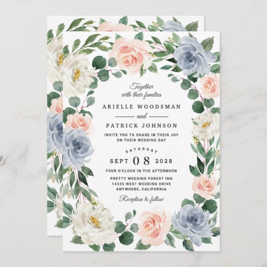 Invitation Mariage floral bleu pâle rose rose pâle (Devant / Derrière)