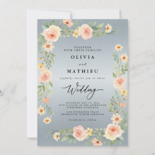 Invitation Mariage Floral Bleu Pêche