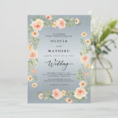 Invitation Mariage Floral Bleu Pêche (Debout devant)