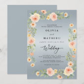 Invitation Mariage Floral Bleu Pêche (Devant / Derrière)