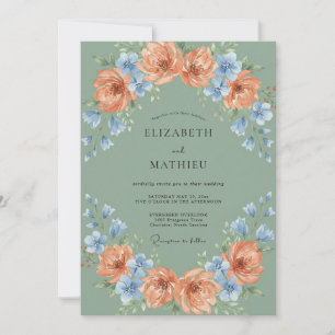 Invitation Mariage Floral Bleu Pêche Sage