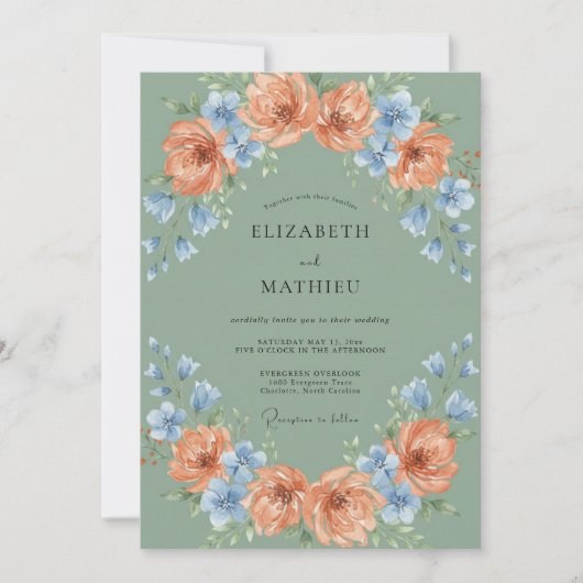 Invitation Mariage Floral Bleu Pêche Sage (Devant)