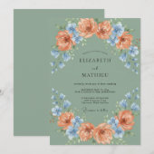 Invitation Mariage Floral Bleu Pêche Sage (Devant / Derrière)