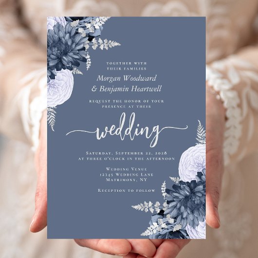 Invitation Mariage Floral Bleu Poussiéreux Argent